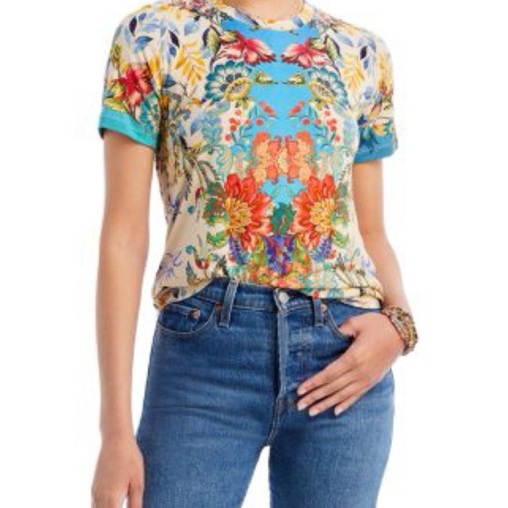 Floral Johnny Was Blu Favorite Short Sleeve Crew Neck Swing Tee